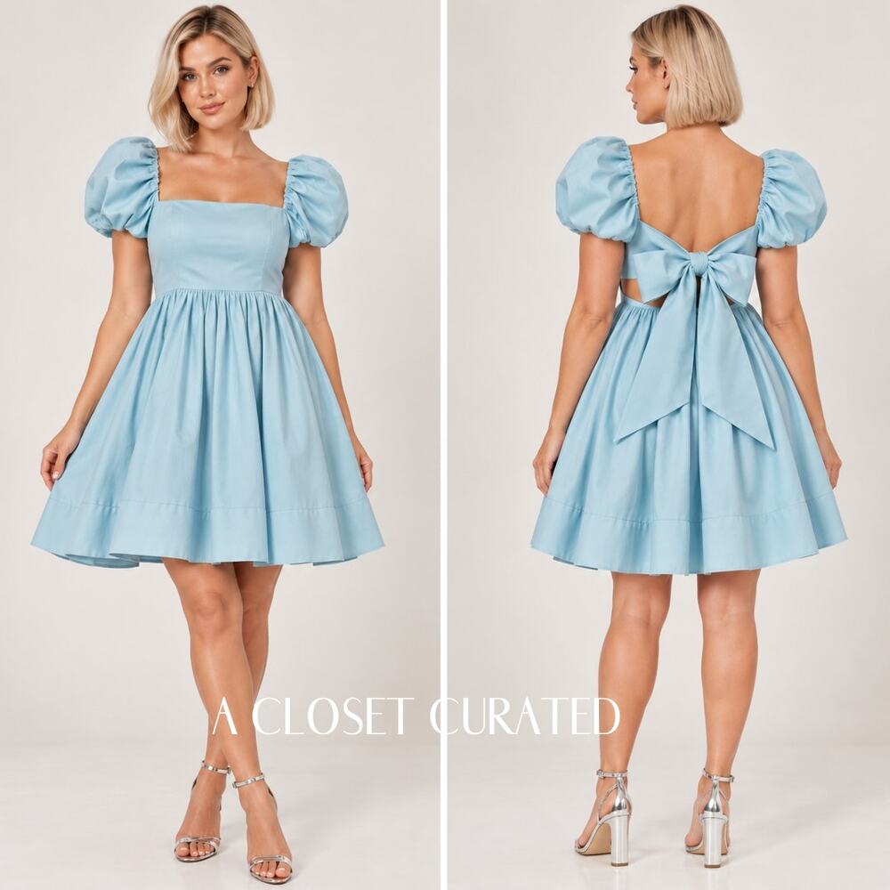 Alice + Olivia Sharilyn Taffeta Bow Back Mini Dress 14 Blue NEW